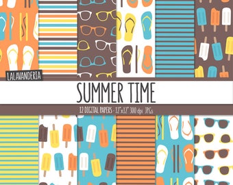 Summer Digital Paper Package with Beach Patterns. Printable Papers Set. Flip Flops, Sunglasses and Ice Creams Backgrounds. Digital Scrapbook