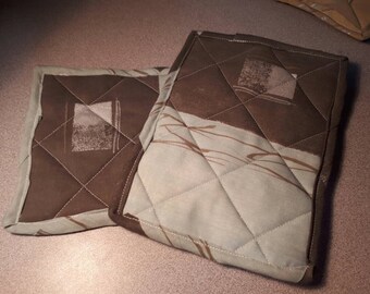 Brown and teal fabric trivet set of 2
