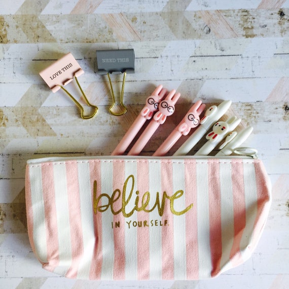 Pencil Case Kawaii Pink and Gold Believe in Yourself