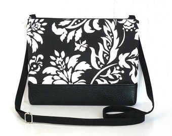 Small Crossbody Bag, Fabric Hip Purse, Zipper Cross Body Purse in Black and White Floral