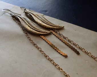 fallen leaves - brass and gold chain and leaf charm boho shoulder duster earrings