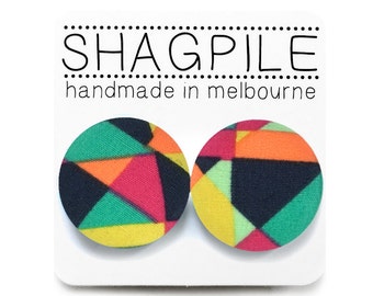 FREE SHIPPING!!! Large Covered Button Earrings - Geometric, Fragment, Rainbow Print