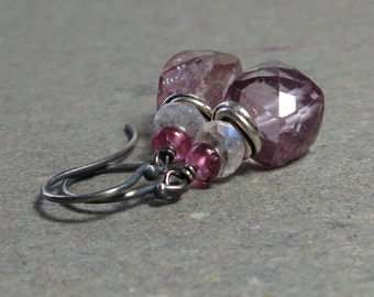 Pink Quartz Earrings Geometric Jewelry Moonstone, Tourmaline Oxidized Sterling Silver Earrings Gemstone Cubes Gift for Her