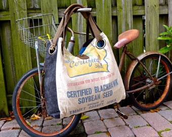 Iowa Certified Blackhawk Seed - Emmet Iowa - Open Tote - Americana Upcycle Vintage OOAK Canvas & Leather Tote... Selina Vaughan Studios