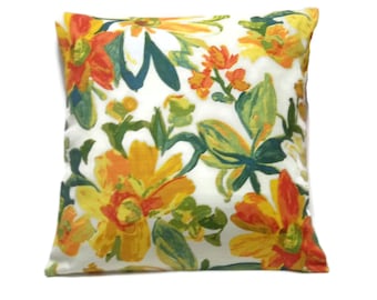 Decorative Pillow Cover Green Yellow White Orange Floral Design Same Fabric Front/Back Toss, Throw, Accent, 18x18 inch x