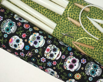 knitting needle case - knitting needle organizer - circular knitting needle case - colorful sugar skulls 36 pockets