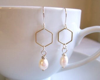 Honeycomb and Pearl hexagon earrings - golden brass geometric shapes on silver - minimalist wedding jewellery