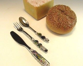 Appetizer Fork, Spoon, and Knife/Set of 3 Beaded Knife Fork and Spoon/Beaded Hors'dourve Utensils