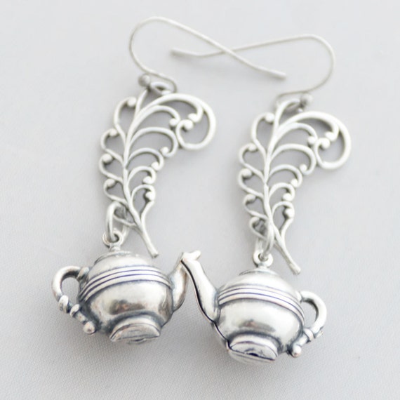 Silver Teapot Charm Earrings Tea Time Earrings Gift for