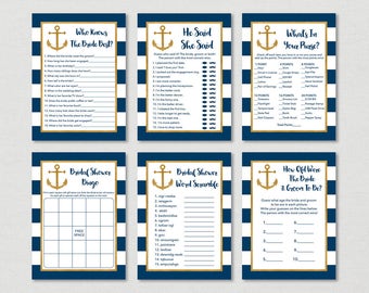 Nautical Bridal Shower Games Package / Nautical Bridal Shower / Anchor / Navy & Gold / 6 Printable Bridal Games / INSTANT DOWNLOAD B101