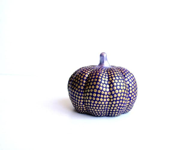 Small Hand painted ceramic pumpkin Deep purple with gold dots