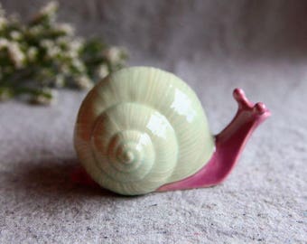 Stoneware Snail in mint green and coral pink Garden Sculpture (medium)