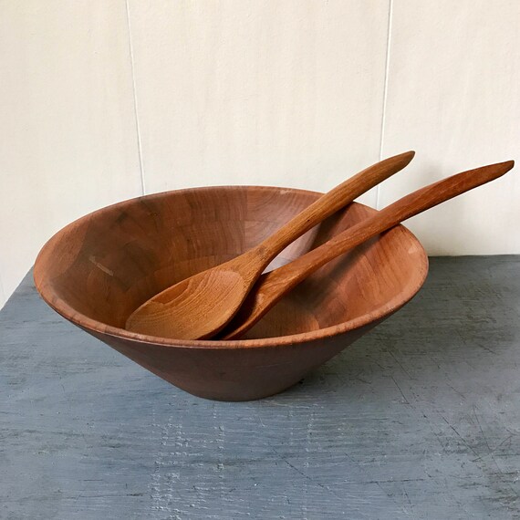 vintage walnut serving bowl and utensil set handmade wooden