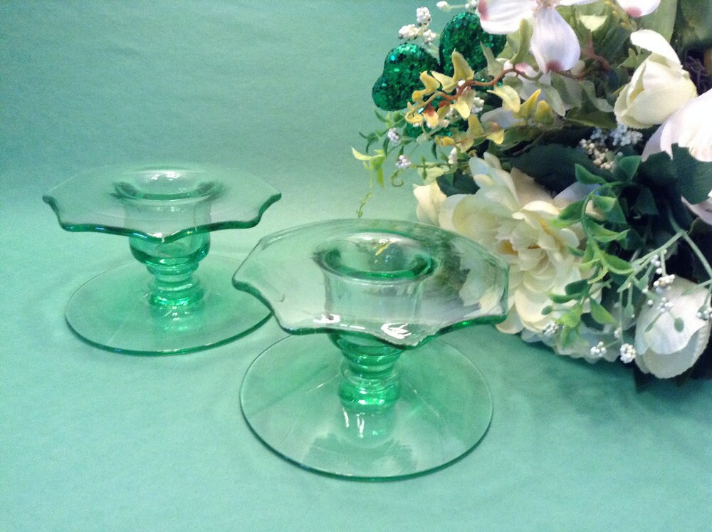 Green Depression Glass Candle Holders/Collectible Candle