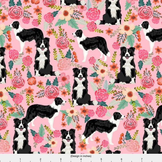 Border Collie Pink Floral Fabric Dog Floral Fabric By