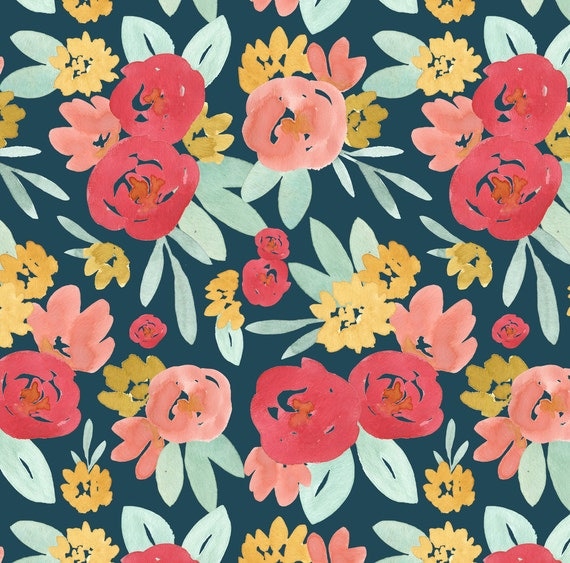 Red and Navy Flower Bunches Fabric Bright Blooms By