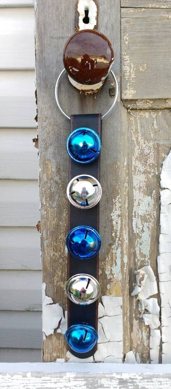 Christmas LEATHER Door Bell Hanger silver and blue Rustic