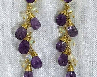 Opal Amethyst Earrings Boho Dangle Wire Wrap Gold Fill Purple Amethyst Post Earrings Ethiopian Opal Gold Post Earring Boho Chic Luxe
