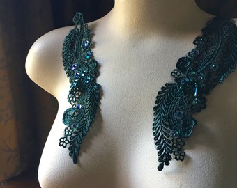 Hunter Green Beaded Lace Applique Pair for Bridal, Sashes, Headbands, Costume Design PR 20hg