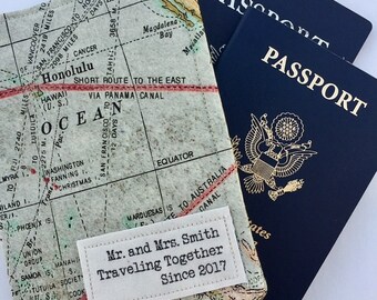 Personalized Passport Cover, Mr and Mrs Passport Cover, Choose your Font, Wedding Gift, Couples Passport Cover, Passport Holder, Map Cover