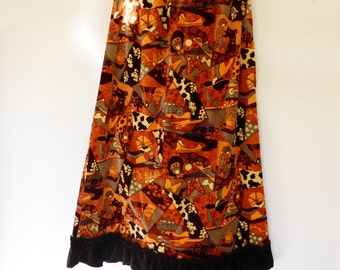 1970s Maxi Skirt Velvety Brushed Corduroy Psychedelic Patchwork SZ M