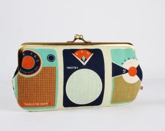 Frame purse with two sections - Transistors in blue and orange - Wowlet / Kisslock wallet / Japanese fabric / Melody Miller / Retro style