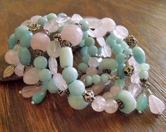Boho Wrap Bracelet with Rose Quartz and Amazonite Gemstone Beads, Sterling Silver Accents, Memory Wire Bracelet “Faire Spring”