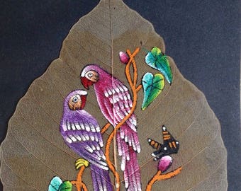 Original painting on real leaf. Five paintings for 50 or 10 each. Parrots,first kiss,Elephant God Genesha, portrait of women,flowers mother