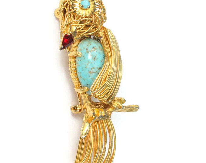 Wire Work Bird Brooch Turquoise Glass Tummy Vintage