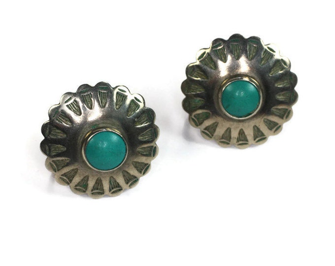 NA Design Turquoise and Sterling Earrings Round Incised Screw Back Vintage