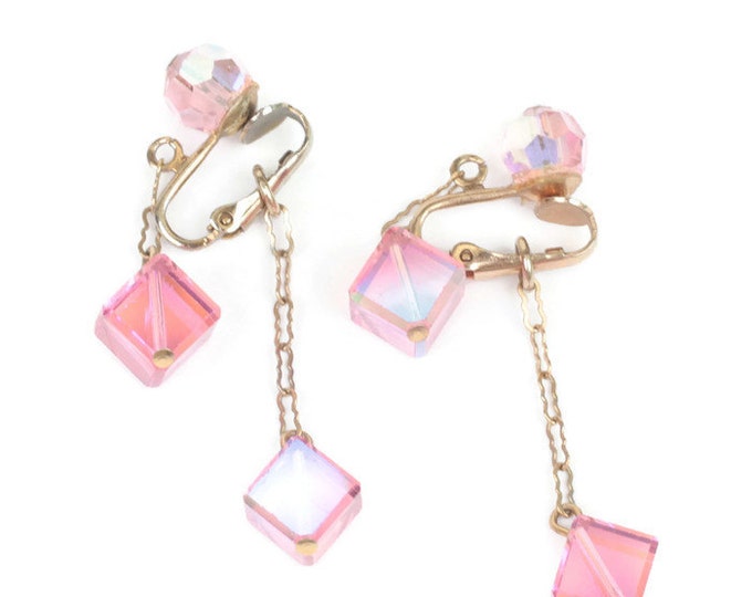 Pink AB Dangle Earrings Cubes Bead 2 Inch Drop Clip On Vintage