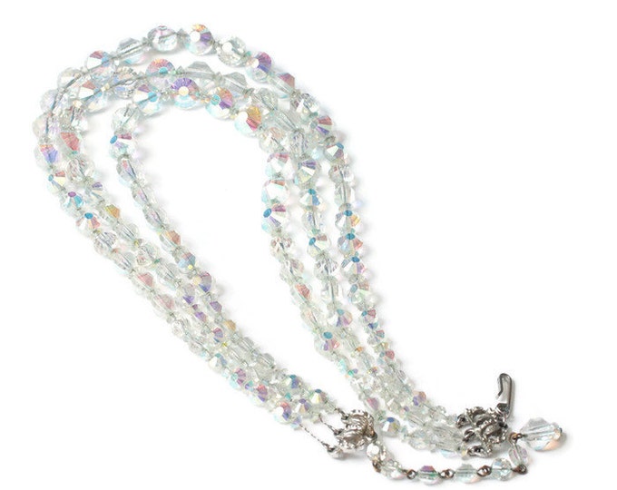 Aurora Borealis Crystal Three Strand Necklace Hobe Signed Wedding Prom Pageant Vintage