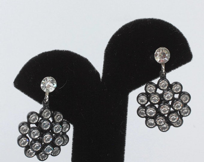 Black Dangle Cluster Rhinestone Earrings Clear Rhinestones Screw Back Vintage