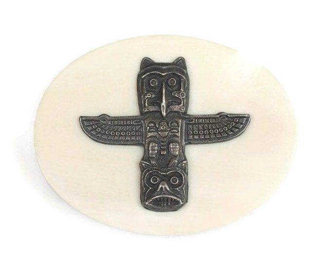 CIJ Sale Faux Scrimshaw Pin Totem Pole Northwest Pacific Coast Native American Alaska Theme
