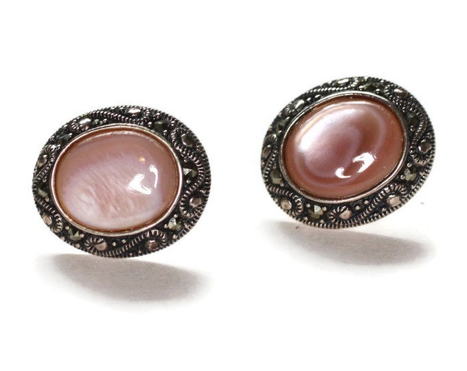 Pink MOP Shell and Marcasite Earrings Posts Sterling Vintage