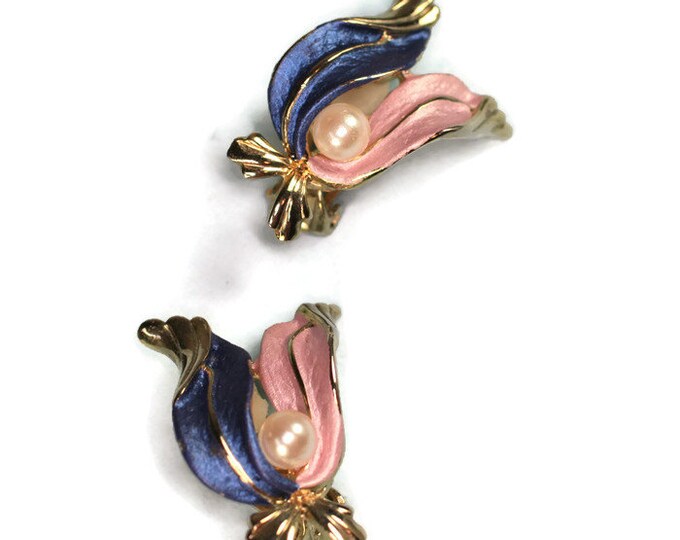 Pink and Blue Enameled Earrings Faux Pearl Clip On Style Vintage