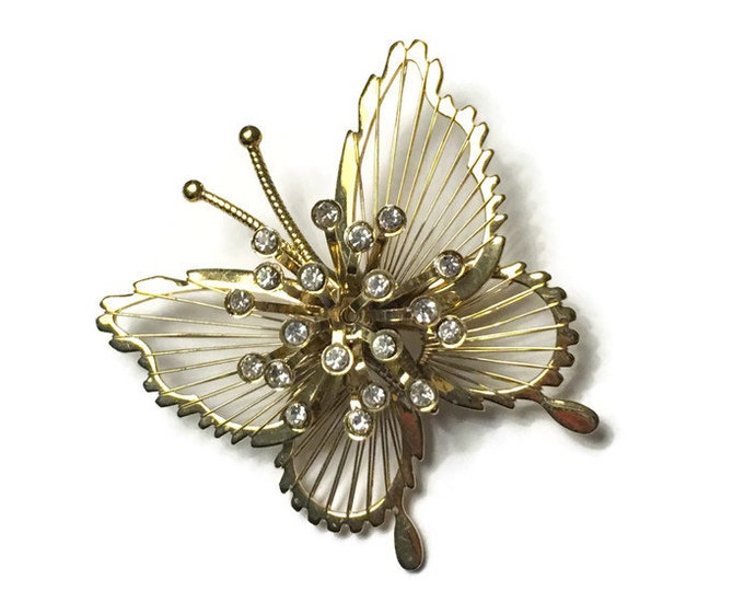 Monet Spinneret Butterfly Brooch Clear Rhinestones Gold Tone Vintage