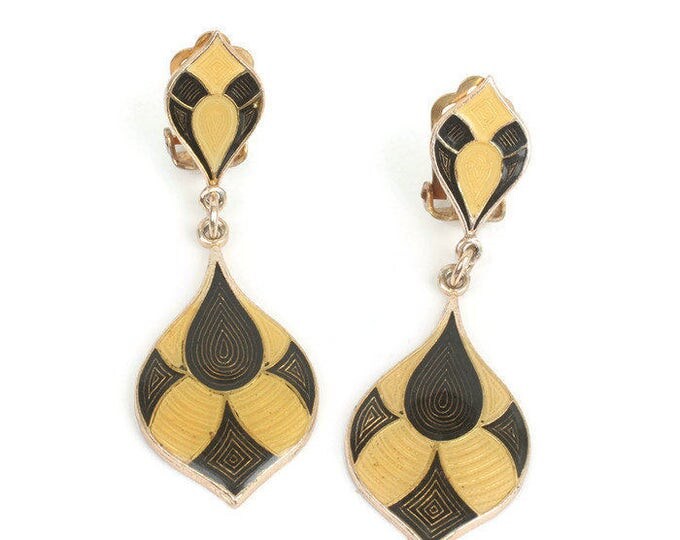 Harlequin Dangle Earrings Brown and Yellow Enamel Vintage Clip Style