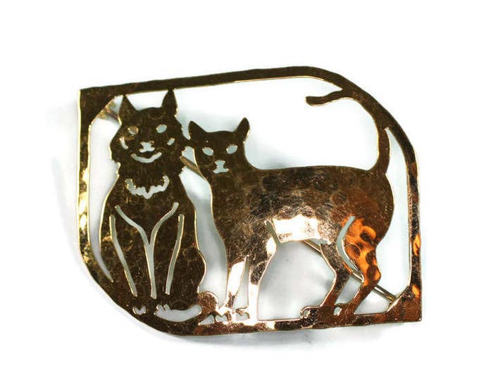 Gold Plated Cats Brooch Pin Hammered Finish Wild Bryde Vintage