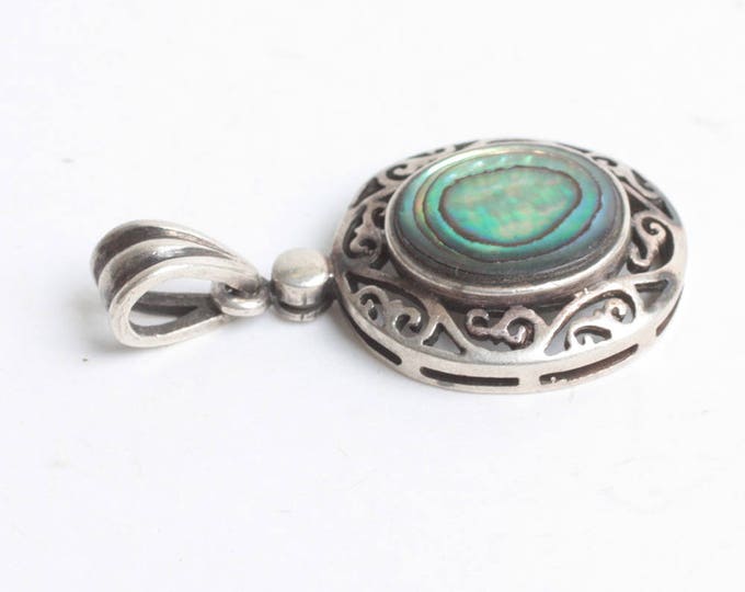 Abalone Shell Sterling Pendant Filigree Setting Oval Vintage