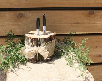 Rustic Pen Holder Wood Marker Tree Stump 2 Holes Burlap Ribbon Rustic Pen Holder Wood Marker Tree Stump 2 Holes Burlap Ribbon