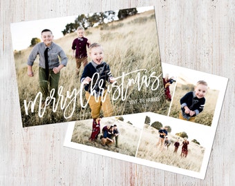 Photo Christmas Card Template: Merry Christmas Brush Font Custom Photo Holiday Card Printable