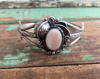Vintage Benson Yazzie Navajo cuff bracelet Sterling Mother of Pearl Leaves