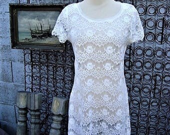 Vintage Sheer White Lace Tunic Top Size S