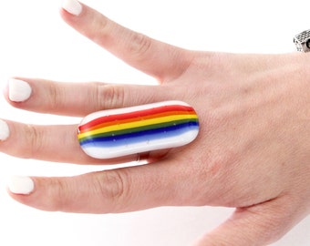 Rainbow Ring Fused Glass ring, gay pride ring, handmade ring, statement ring, cocktail ring, Studioleanne