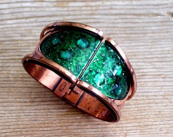 Wide Matisse Hinged Bracelet, Rare Vintage MATISSE Copper Enamel Bracelet, Modernist Hinged Bangle Bracelet, MCM Copper Clamper Bracelet