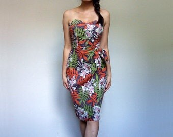 60s Strapless Dress Vintage Pinup Tropical Dress Sweetheart Dress Wiggle Dress Tiki Hawaiian Dress 1960s Wrap Dress - Extra Small XXS XS