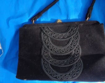SOURE' Designer, vintage Black 1940's 1950's soutached trim top handle Bag Purse - 50s - 60s