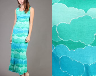 vintage CLOUD PRINT novelty TEAL mint green hippie maxi sun psychedelic dress 70s 1970s small S