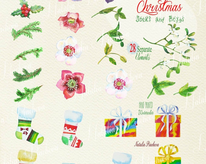 Christmas Socks and Boxes. Christmas clipart, watercolor clip art, holly, hellebore, mistletoe, Christmas tree, pine, berries, New Year